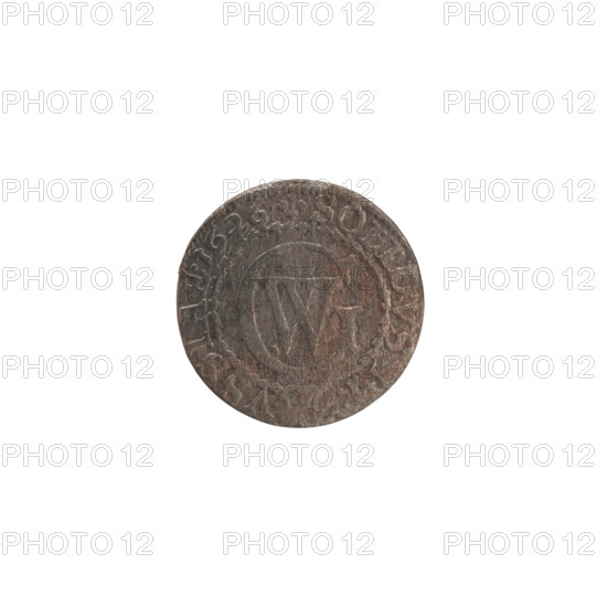 Szelag by Ernest Pfahler, Wislica hoard (numism) — silver coin (Ducal Prussia, Königsberg), 1626. Obverse: Prussian eagle with crowned letter S on its chest; rim inscription beginning with a heart: GEORG.WILH.MAR.BR.SRIEL. Reverse: monogram composed of letters GW; rim inscription divided by the Hohenzollern coat of arms: +SOLIDVS.PR - VSSIAE. Diameter 16.1 mm; weight 0.55 g; axis 0°.