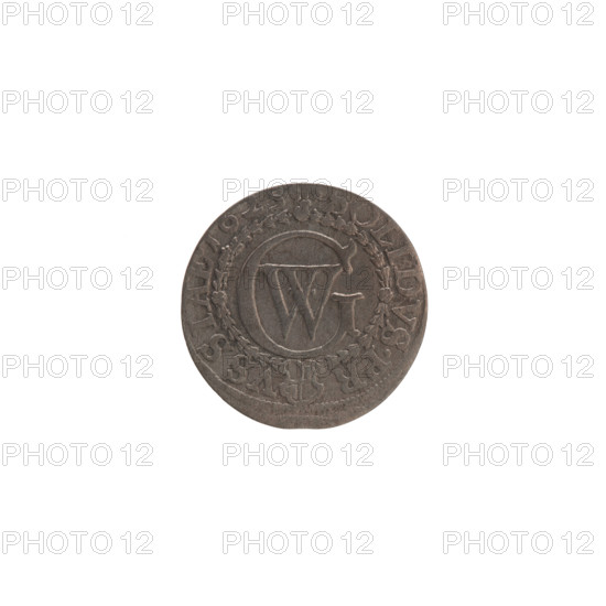 szelag by Ernest Pfahler, Wislica hoard (numism), obverse: Prussian eagle with crowned letter S on its chest; rim inscription beginning with a heart: GEORG.WILH.MAR.BR.SRIEL. reverse: monogram composed of the letters GW; rim inscription beginning with a rosette, divided by the Hohenzollern coat of arms: SOLIDVS.PR - VSSIAE.1625. 1625. Ducal Prussia (1525–1701), Königsberg. Coin; diameter 16.1 mm; weight 0.61 g; axis 0°.