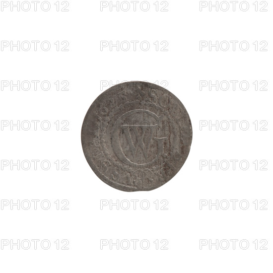 szelag, Pfahler, Ernest, the hoard from Wislica (numism.), eagles, George William Hohenzollern (Elector of Brandenburg; Duke of Prussia; 1620-1640), rosettes, Hohenzollern (coat of arms). Obverse: surface worn, outline of an eagle visible; in the rim between the borders an inscription beginning with a heart — the hallmark GEO, WILH:MAR.B, .RIEL. Reverse: monogram composed of the letters GW; in the rim between the borders an inscription beginning with a rosette, divided by the Hohenzollern coat of arms SOLIDVS.PR — VSSIAE. 1625. Königsberg, Ducal Prussia (1525–1701). Coin; diameter 16.2 mm; weight 0.53 g; axis 0°.