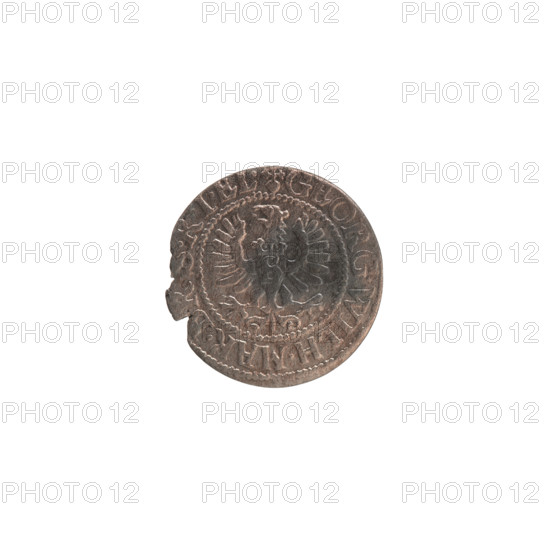 szelag, Ernest Pfahler, Wislica hoard (numism), eagles, George William Hohenzollern (Elector of Brandenburg; Prince of Prussia; 1620–1640), Hohenzollern (coat of arms), rosettes. Obv.: Prussian eagle, on its chest the crowned letter S; in the rim between the borders an inscription beginning with a heart — GEORG.WILH.MAR., RSRIEL. Rev.: monogram composed of the letters GW; in the rim between the borders an inscription beginning with a rosette, divided by the Hohenzollern coat of arms SOLI, S.PR-VSSIAE.1627. Ducal Prussia (1525–1701), Königsberg. Coin: diameter 15.8 mm, weight 0.55 g, axis 0°.