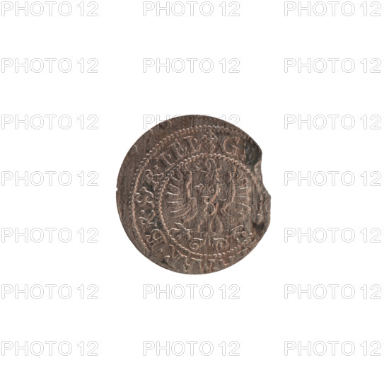 szelag, Ernest Pfahler; the Wislica hoard (numism). Obverse: Prussian eagle with crowned letter S on its chest; in the rim between the borders an inscription beginning with a heart, the hallmark GE, .MAR.BR.SRIEL. Reverse: monogram composed of the letters GW; in the rim between the borders an inscription beginning with a rosette, divided by the Hohenzollern coat of arms SOLIDVS.PR - VSSI, 1627. Features: eagles, rosettes; George William Hohenzollern (Elector of Brandenburg; Duke of Prussia; 1620–1640); Hohenzollern coat of arms. Date/place: 1627, Ducal Prussia (1525–1701), Königsberg. Object: coin (szelag), diameter 16.2 mm, weight 0.49 g, axis 0°.