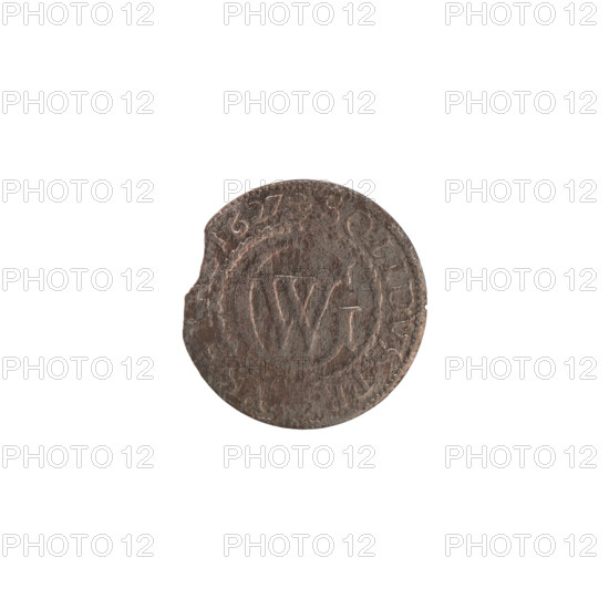 szelag by Ernest Pfahler, from the Wislica hoard; obverse: Prussian eagle with crowned letter S on its chest; rim inscription beginning with a heart, hallmark GE and '.MAR.BR.SRIEL.'; reverse: monogram composed of letters GW; rim inscription beginning with a rosette, divided by the Hohenzollern coat of arms reading 'SOLIDVS.PR - VSSI', dated 1627; associated with George William Hohenzollern (Elector of Brandenburg; Duke of Prussia, 1620–1640); Hohenzollern coat of arms and rosettes; Ducal Prussia (1525–1701), Königsberg; coin, diameter 16.2 mm, weight 0.49 g, axis 0°.