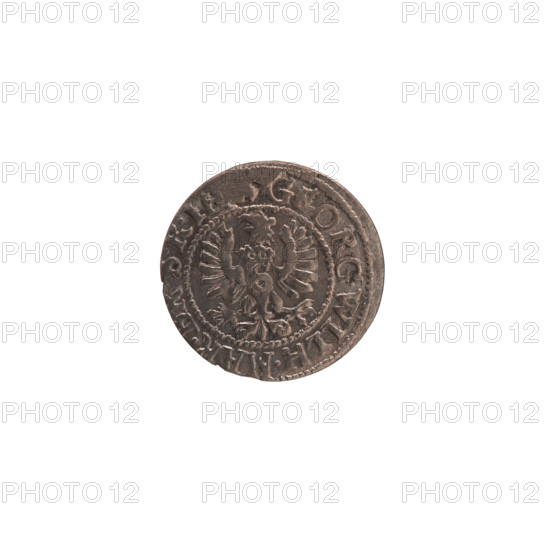 szelag, Pfahler, Ernest, the Wislica hoard (numism), eagles, George William Hohenzollern (Elector of Brandenburg; Duke of Prussia; 1620-1640), Hohenzollern (coat of arms), rosettes, Obv. Prussian eagle, on its chest the crowned letter S. In the rim between the rims an inscription beginning with a heart - the hallmark GEORG.WILH.MAR., SRIE, Rw. Monogram composed of the letters GW. In the rim between the borders an inscription beginning with a rosette, divided by the Hohenzollern coat of arms, OLIDVS.PR - VSSIAE.1627, 1627, Ducal Prussia (1525-1701), Königsberg, coin, coin: diameter 16.1 mm, weight 0.63 g, axis 0 degrees.