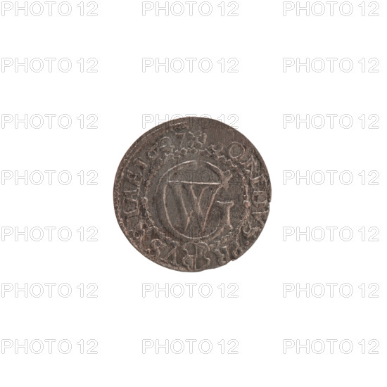 szelag, Pfahler, Ernest, the Wislica hoard (numism), eagles, George William Hohenzollern (Elector of Brandenburg; Duke of Prussia; 1620–1640), Hohenzollern (coat of arms), rosettes. Obverse: Prussian eagle, on its chest the crowned letter S; in the rim between the borders an inscription beginning with a heart - the hallmark GEORG.WILH.MAR., SRIE. Reverse: Monogram composed of the letters GW; in the rim between the borders an inscription beginning with a rosette, divided by the Hohenzollern coat of arms, OLIDVS.PR - VSSIAE.1627. Date: 1627. Place: Ducal Prussia (1525–1701), Königsberg. Coin: diameter 16.1 mm, weight 0.63 g, axis 0°.