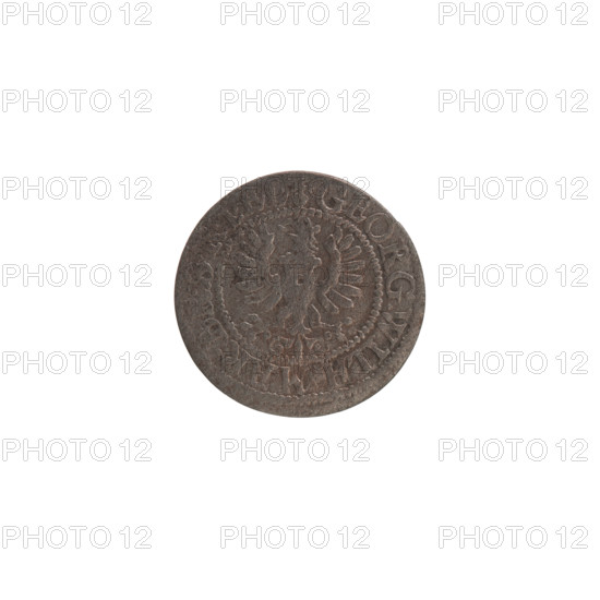 szelag, the Wislica hoard (numism), eagles, George William Hohenzollern (Elector of Brandenburg; Prince of Prussia; 1620-1640), Hohenzollern (coat of arms), rosettes. Obverse: Prussian eagle, on its chest the crowned letter S; in the rim between the borders an inscription beginning with a heart: GEORG.WILH.MAR.BR.SRIEL. Reverse: monogram composed of the letters GW; in the rim between the borders an inscription beginning with a rosette, divided by the Hohenzollern coat of arms: SOLIDVS.PR - VSSI. 1627. Ducal Prussia (1525–1701), Königsberg. Coin: diameter 16.4 mm, weight 0.65 g, axis 0°.