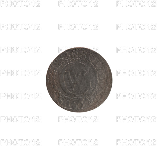 szelag, Ernest Pfahler, the Wislica hoard (numism) — eagles; George William Hohenzollern (Elector of Brandenburg; Prince of Prussia; 1620–1640); Hohenzollern coat of arms; rosettes. Obverse: Prussian eagle with crowned letter S on its chest; in the rim between borders an inscription beginning with a heart — GEORG.WILH.MAR.BR.SRIEL. Reverse: monogram composed of the letters GW; in the rim between borders an inscription beginning with a rosette, divided by the Hohenzollern coat of arms — SOLIDVS.PR • VSSI. Marked 1627. Ducal Prussia (1525–1701), Königsberg. Coin: diameter 16.4 mm; weight 0.65 g; axis 0°.