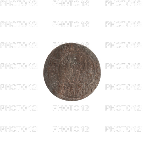 szelag by Ernest Pfahler, Wislica hoard (numism), silver coin (szelag), obverse: Prussian eagle with crowned letter S on its chest; rim inscription beginning with a heart hallmark LH.MAR.BR.SRI, L. Rw.; monogram composed of the letters GW; reverse: rim inscription beginning with a rosette, divided by the Hohenzollern coat of arms SOLIDVS.PR - E.1627; dated 1627; maker George William Hohenzollern (Elector of Brandenburg; Duke of Prussia; 1620–1640); Ducal Prussia (1525–1701), Königsberg; rosettes; coin diameter 15.9 mm, weight 0.57 g, axis 0°.