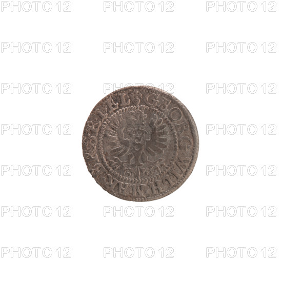 szelag, Wislica hoard, eagles, rosettes, Hohenzollern (coat of arms), George William Hohenzollern (Elector of Brandenburg; Duke of Prussia; 1620–1640). Obv.: Prussian eagle, on its chest the crowned letter S; rim inscription beginning with a heart: GEORG.WILH.MAR.BR.SRIEL. Rev.: monogram composed of the letters GW; rim inscription beginning with a rosette, divided by the Hohenzollern coat of arms: SOLIDVS.PR - VSSIAE.1627. 1627. Ducal Prussia (1525–1701), Königsberg. Coin: diameter 16.4 mm, weight 0.52 g, axis 0°.