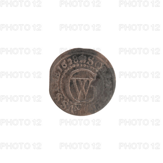 szelag, Pfahler, Ernest, the hoard from Wislica (numism), eagles, George William Hohenzollern (Elector of Brandenburg; Duke of Prussia; 1620–1640), Hohenzollern (coat of arms), rosettes; Obv. Surface worn, illegible, part of the rim visible, between the rims the inscription, A; Rv. Monogram composed of the letters GW. In the rim between the borders an inscription beginning with a rosette, divided by the Hohenzollern coat of arms SOLID, PR - VSS, E.1628; date 1628; Ducal Prussia (1525–1701), Königsberg; coin: diameter 16.6 mm, weight 0.55 g, axis 0 degrees.
