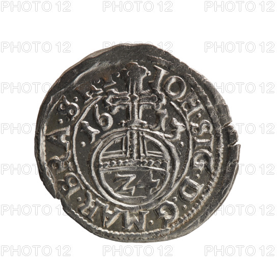 one-and-a-half-pound coin, Henryk Laffert (1612–1615), gift, cross (iconographic), orb of rule (iconographic), coat of arms, John Sigismund (Elector of Brandenburg; 1572–1619). Obv.: Royal orb with a cross with arms terminating in finials; in the lower part of the orb, value numerals Z4; on the sides of the cross, date numerals .16 - 13; in the rim between the borders, an inscription divided by a cross .IOH.SIG.D:G.MAR.BRA.S. Rev.: Five-field coat of arms; in the rim between the borders an inscription beginning with the mintmaster's mark .AR.E.EL.I.PR.IVL.CL.MONT. 1613. Ducal Prussia (1525–1701), Drezdenko. Coin: diameter 21.0 mm, weight 1.59 g, axis 45 degrees.