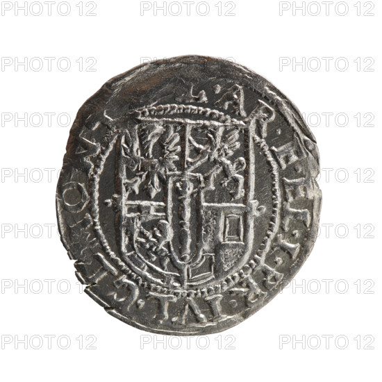 one-and-a-half-pound coin, Henryk Laffert (1612–1615), cross (iconographic), orb of rule (iconographic), coat of arms, John Sigismund (Elector of Brandenburg; 1572–1619). Obv.: Royal orb with a cross with arms terminating in finials; in the lower part of the orb, value numerals Z4; on the sides of the cross, date numerals .16 - 13; in the rim between the borders, an inscription divided by a cross .IOH.SIG.D:G.MAR.BRA.S. Rev.: Five-field coat of arms; in the rim between the borders an inscription beginning with the mintmaster's mark .AR.E.EL.I.PR.IVL.CL.MONT. 1613; Ducal Prussia (1525–1701); Drezdenko; coin: diameter 21.0 mm, weight 1.59 g, axis 45 degrees.