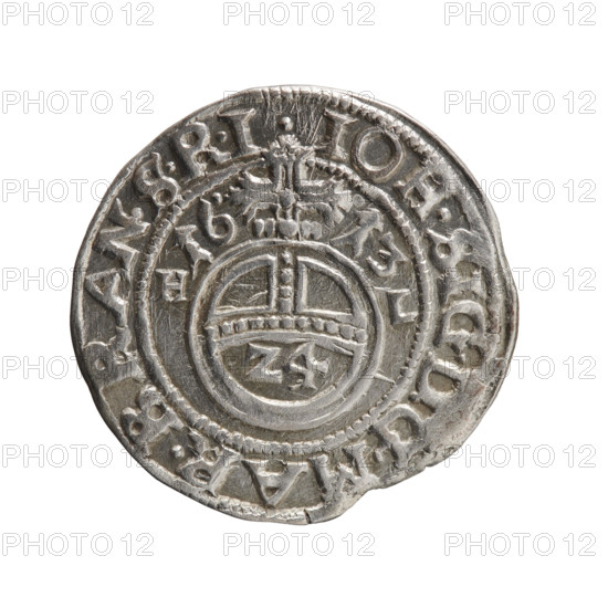 One-and-a-half, Henryk Laffert (1612–1615). Obverse: royal orb with a cross whose arms terminate in finials; in lower part of orb the value numerals Z4; on its sides the letters H - L; on the sides of the cross the date numerals .16 - 13; on the rim between borders an inscription divided by a cross .IOH.SIG.D:G.MAR.BRAN.SRI. Reverse: five-field coat of arms with a point above it; on the rim between borders an inscription beginning with a cross x AR.E.EL.I.PR.IVL.CL.MON. D, 1613. John Sigismund (Elector of Brandenburg; 1572–1619). Drezdenko, Ducal Prussia (1525–1701). Coin; diameter 20.9 mm; weight 1.70 g; axis 270°.