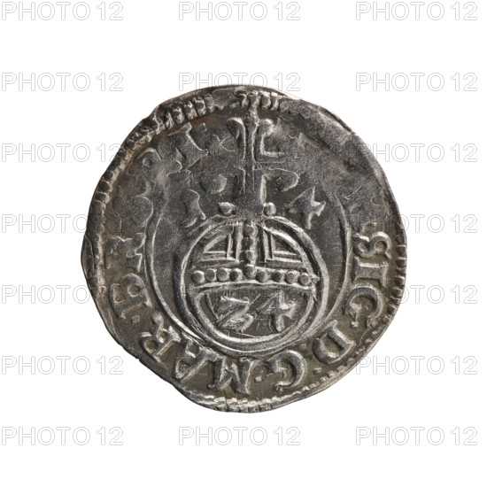 one and a half, Henryk Laffert (1612-1615), cross (iconographic), orb of rule (iconographic), coats of arms, John Sigismund (Elector of Brandenburg; 1572-1619), Obv. Royal orb with a cross with arms terminating in finials. In the lower part of the orb, value numerals Z4. On the sides of the cross, date numerals 1 - 4. In the rim, between the borders, an inscription divided by a cross , .SIG.D:G.MAR.BR, I. Rw. Five-field coat of arms. In the rim, between the borders, an inscription beginning with the mintmaster's sign A, LIP, I, L.MON.D., 1614, Drezdenko, Ducal Prussia (1525-1701), coin, coin: diameter 20.5 mm, weight 1.53 g, axis 225 degrees