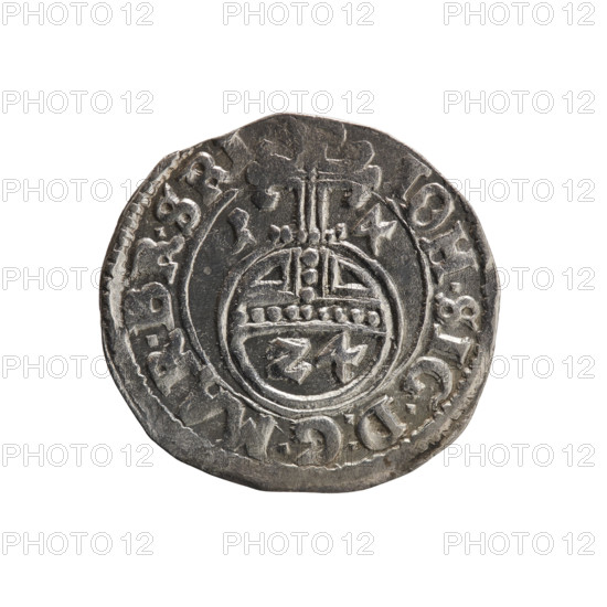 one-and-a-half, Henryk Laffert (1612–1615), cross (iconographic), orb of rule (iconographic), coats of arms, John Sigismund (Elector of Brandenburg; 1572–1619). Obv.: Royal orb with a cross with arms terminating in finials; in lower part of orb, value numerals Z4; on sides of cross, date numerals .1 - 4; in rim between borders, an inscription divided by a cross, IOH.SIG.D:G.MAR.BR.SRI. Rev.: Five-field coat of arms; in rim between borders an inscription beginning with the mintmaster's mark, AR, LIPR.IVL.CL., TD, 1614. Ducal Prussia (1525–1701), Drezdenko; coin, diameter 20.2 mm, weight 1.54 g, axis 90°.