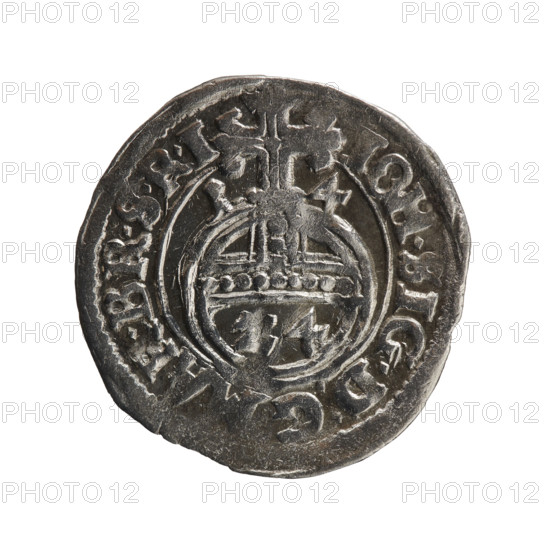 one-and-a-half, Henryk Laffert (1612-1615), cross (iconographic), orb of rule (iconographic), coats of arms, John Sigismund (Elector of Brandenburg; 1572-1619). Obv. Royal orb with a cross with arms terminating in finials. In the lower part of the orb, value numerals Z4. On the sides of the cross, date numerals 1 - 4. In the rim between the borders, an inscription divided by a cross IOH.SIG.D:G, AR.BR.SRI Rw. Five-field coat of arms. In the rim between the borders an inscription beginning with the mintmaster's mark .AR.E.EL.I., VL.C.MONT., 1614, Ducal Prussia (1525-1701), Drezdenko, coin, coin: diameter 21.0 mm, weight 1.25 g, axis 20 degrees.