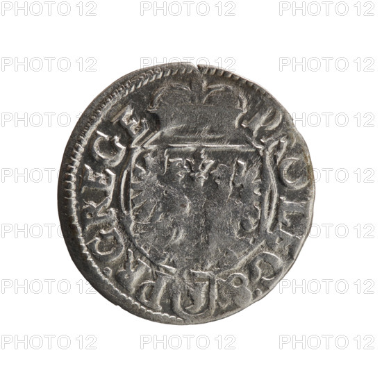 one and a half, Pfahler, Ernest, cross (iconographic), orb of rule (iconographic), coats of arms, John Sigismund (Elector of Brandenburg; 1572–1619). Obv: royal orb with a cross with arms terminating in finials; in the lower part of the orb, value numerals Z4; on the sides of the cross, date numerals Z-O; on the rim, between the borders, an inscription divided by a cross and terminating with a heart hallmark: IO.SI.MAR.BR.SRIEL.PD. Rev: under the ducal mitre, a Prussian coat of arms; below in the shield, the value numeral 3; on the rim, between the borders, an inscription divided by the mitre and the value numeral PRO.LEG.& PR.GREGE. 1620, Königsberg, Ducal Prussia (1525–1701). Coin; diameter 19.6 mm; weight 1.02 g; axis 180°.