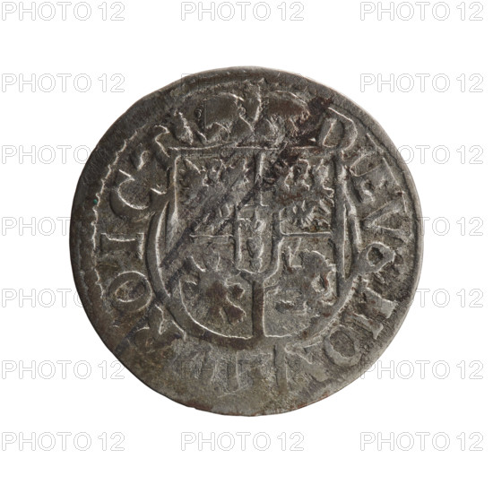 one-and-a-half, Pfahler, Ernest, cross (iconographic), orb of rule (iconographic), George William Hohenzollern (Elector of Brandenburg; Duke of Prussia; 1620-1640), coats of arms. Obv.: Royal orb with a cross with arms terminating in finials; in the lower part of the orb the value numerals Z4; on the sides of the cross the date numerals 2-2; in the rim between the borders an inscription divided by a cross, E:WI:MAR:BR:SRIE:L:. Rev.: Under the ducal mitre a five-field coat of arms; below in the shield a value numeral 3; in the rim between the borders an inscription separated by the mitre and the value numeral and ending with the hallmark DIEV & MON -, ROICT, 1622. Königsberg, Ducal Prussia (1525–1701). Coin; diameter 19.9 mm; weight 1.13 g; axis 180 degrees.