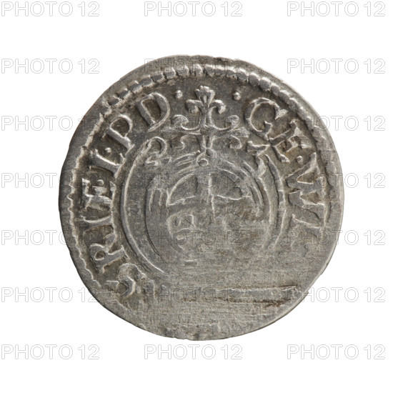 one and a half, Pfahler, Ernest, cross (iconographic), George William Hohenzollern (Elector of Brandenburg; Duke of Prussia; 1620–1640), orb of reign (iconographic), coats of arms. Obv.: Royal orb with a cross with arms terminating in finials. In the lower part of the orb, value numerals Z4. On the sides of the cross, date numerals 2-3. In the rim between the borders, an inscription divided by a cross .GE.WI, SRIE.L.PD. Rw. Under the ducal mitre, a five-field coat of arms; below in the shield, the value numeral 3. In the rim between the borders, an inscription divided by the mitre and the value numeral and terminated with the hallmark, IEV & MON - DROI, 1623. Ducal Prussia (1525–1701), Königsberg; coin: diameter 20.0 mm, weight 0.91 g, axis 200°