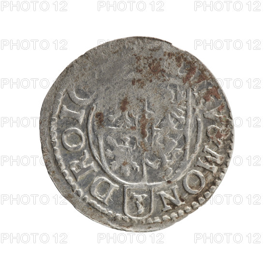 one and a half, Pfahler, Ernest, cross (iconographic), George William Hohenzollern (Elector of Brandenburg; Duke of Prussia; 1620-1640), orb of reign (iconographic), coats of arms. Obv. Royal orb with a cross with arms terminating in finials. In the lower part of the orb, value numerals Z4. On the sides of the cross, date numerals 2-3. In the rim between the borders, an inscription divided by a cross .GE.WI, SRIE.L.PD. Rw. Under the ducal mitre, a five-field coat of arms, below in the shield, the value numeral 3. In the rim between the borders, an inscription divided by the mitre and the value numeral and terminated with the hallmark, IEV & MON - DROI, 1623, Ducal Prussia (1525-1701), Königsberg, coin, coin: diameter 20.0 mm, weight 0.91 g, axis 200 degrees