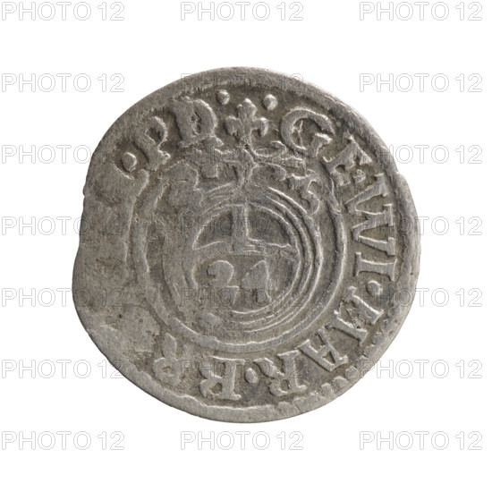 one and a half, Pfahler, Ernest, cross (iconographic), orb of rule (iconographic), George William Hohenzollern (Elector of Brandenburg; Duke of Prussia; 1620-1640), coats of arms. Obv.: Royal orb with a cross with arms terminating in finials. In the lower part of the orb, value numerals 24. On the sides of the cross, date numerals 2-3. In the rim between the borders, an inscription divided by a cross GE.WI.MAR.BR, L.PD. Rw. Rev.: Under the ducal mitre, a five-field coat of arms; below in the shield the value numeral 3. In the rim between the borders, an inscription divided by the mitre and the value numeral DIEV & MON - DROIC, 1623. Ducal Prussia (1525-1701), Königsberg; coin: diameter 19.7 mm, weight 0.87 g, axis 135 degrees.