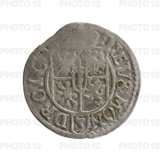 One and a half; Pfahler, Ernest; cross (iconographic); orb of rule (iconographic); George William Hohenzollern (Elector of Brandenburg; Duke of Prussia; 1620–1640); coats of arms. Obverse: royal orb with a cross with arms terminating in finials. In the lower part of the orb, value numerals 24. On the sides of the cross, date numerals 2–3. In the rim between the borders, an inscription divided by a cross GE.WI.MAR.BR, L.PD. Rw. Under the ducal mitre, a five-field coat of arms; below in the shield the value numeral 3. In the rim between the borders, an inscription divided by the mitre and the value numeral DIEV & MON - DROIC, 1623. Ducal Prussia (1525–1701), Königsberg. Coin: diameter 19.7 mm; weight 0.87 g; axis 135 degrees.