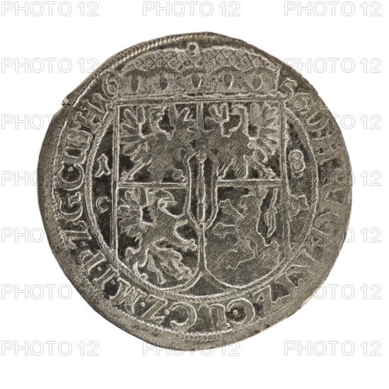 Male busts, coats of arms; Frederick William I Hohenzollern (Great Elector of Brandenburg; Duke of Prussia; 1620–1688) — iconography. Obverse: bust facing right in mitre and electoral mantle; right hand holding a sceptre, left resting on a sword hilt. The sceptre and the figure's head divide the inner border and the inscription. In the rim between the borders the inscription 'FRID.WILH.VGGM, GZBRANDE' — NB. Reverse: below the ducal mitre a five-field coat of arms with ornaments; to the left of the shield the numerals of the value '18'; below, on both sides of the shield, the hallmark 'C - M'. In the rim between the borders an inscription divided by a mitre 'DHRRERTZC.UCZMIPR.ZGCUBH16 -5Z', dated 1652. Ducal Prussia (1525–1701), Königsberg. Coin: diameter 30.5 mm, weight 5.22 g, axis 0°.