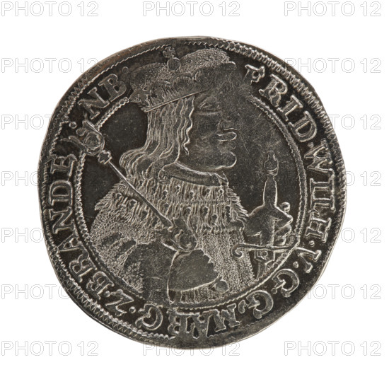 Obv.: Bust facing right in mitre and electoral mantle. Right hand holds a sceptre; left rests on a sword hilt. The sword guard and the figure's head divide the inner border. Rim inscription: FRID.WILH.VGGMARG.Z.BRANDENBU. Rev.: Below the ducal mitre, a five-field coat of arms with ornaments. On both sides of the shield numerals of the values .1 - 8. Below, on both sides of the shield the mintmaster's mark D - K. Rim inscription divided by a mitre: DHRRERTZC.UCZMIPR.ZGCU. BH16-56, 1656. Ducal Prussia (1525–1701), Königsberg. Coin: diameter 31.2 mm, weight 6.87 g, axis 0°. Subject: Frederick William I Hohenzollern (Great Elector of Brandenburg; Duke of Prussia; 1620–1688) — iconography.