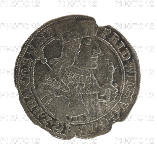 Obv. Bust facing right in mitre and electoral mantle. A sceptre in the right hand, the left resting on a sword hilt. The sceptre and the figure's head separate the inner border and the inscription. In the rim between the borders the inscription FRID.WILH.VGGM, RG.Z., RAN, - N, . Rw. Below the ducal mitre a five-field coat of arms with ornaments. On both sides of the shield the value numerals .1 - 8. Below, mintmaster's mark D. - K. In the rim between the borders an inscription divided by a mitre D, RRERTZC.UCZMIPR.ZGCUBH16 -56, 1656. Frederick William I Hohenzollern (Great Elector of Brandenburg; Duke of Prussia; 1620–1688) — Ducal Prussia (1525–1701), Königsberg; coin: diameter 30.3 mm, weight 6.12 g, axis 0 degrees.