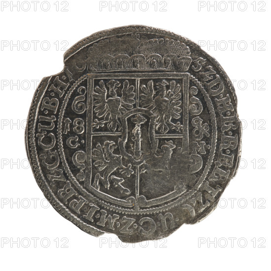 Obv. Bust facing right in mitre and electoral mantle. A sceptre in the right hand, the left resting on a sword hilt. The sceptre and the figure's head separate the inner border and the inscription. In the rim between the borders the inscription FRID.WILH.VGGM, RG.Z., RAN, - N, . Rw. Below the ducal mitre a five-field coat of arms with ornaments. On both sides of the shield the value numerals .1 - 8. Below, mintmaster's mark D. - K. In the rim between the borders an inscription divided by a mitre D, RRERTZC.UCZMIPR.ZGCUBH16 -56, 1656. Frederick William I Hohenzollern (Great Elector of Brandenburg; Duke of Prussia; 1620–1688). Ducal Prussia (1525–1701), Königsberg. Coin, diameter 30.3 mm, weight 6.12 g, axis 0 degrees.