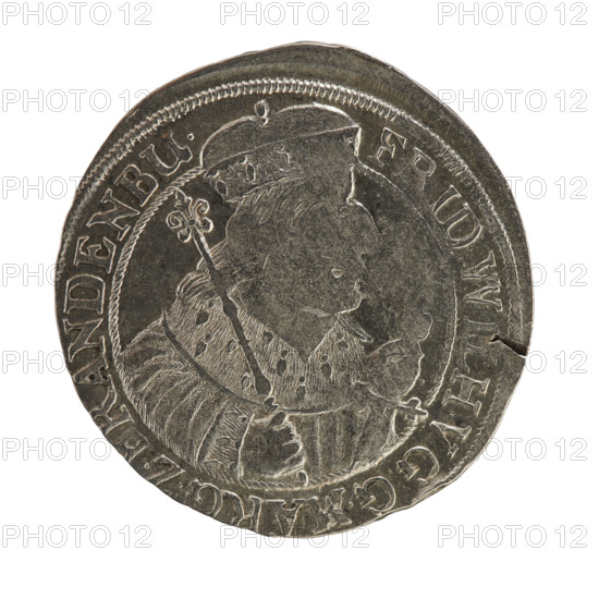 Obv. Bust facing right in mitre and electoral mantle. In the right hand a sceptre, the left resting on a sword hilt. The sceptre and the figure's head divide the inner border and the inscription. In the rim between the borders the inscription F, ID., ILH.VGGMARG.Z.BRANDE -. Rev. Under the ducal mitre a five-field coat of arms with ornaments. On both sides of the shield, numerals of the values .1 - 8. Below, the hallmark C - M. In the rim between the borders, an inscription divided by a mitre *DHRRERTZ.CUCZMIPR.ZGCUBH* 1656. Ducal Prussia (1525–1701), Königsberg. Coin: diameter 30.5 mm, weight 6.40 g, axis 0°. Subject: Frederick William I Hohenzollern (Great Elector of Brandenburg; Duke of Prussia; 1620–1688). Maker: Krzysztof (Christoph) Melchior. Style/iconography: coats of arms, male busts.