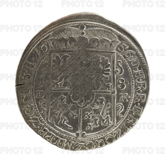 Krzysztof (Christoph) Melchior. Obverse: bust facing right in mitre and electoral mantle; right hand holds a sceptre, left rests on a sword hilt. The sceptre and head divide the inner border and the inscription. Rim between borders inscription: F, ID., ILH.VGGMARG.Z.BRANDE -. Reverse: under the ducal mitre a five-field coat of arms with ornaments; on both sides of the shield numerals of the values .1 - 8; below, hallmark C - M. Rim between borders inscription divided by a mitre *DHRRERTZ.CUCZMIPR.ZGCUBH* 1656. Frederick William I Hohenzollern (Great Elector of Brandenburg; Duke of Prussia; 1620–1688) — iconography. Ducal Prussia (1525–1701), Königsberg; coin, diameter 30.5 mm, weight 6.40 g, axis 0°.