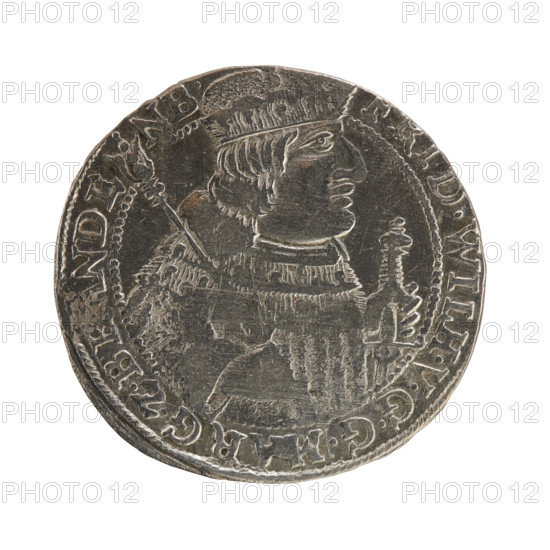 Obv. Bust facing right in mitre and electoral mantle. In the right hand a sceptre, the left resting on a sword hilt. The sceptre and the figure's head divide the inner border and the inscription. In the rim between the borders is the inscription FRID.WILH.VGG, RG.ZB, NDE - NB. Rw. Under the ducal mitre, a five-field coat of arms with ornaments. On both sides of the shield, numerals of the values .1 - 8. Below, the hallmark C. - M. In the rim between the borders, an inscription divided by a mitre DHRR, ., .M., .ZGCU, .16 - 56, 1656. Depicts Frederick William I Hohenzollern (Great Elector of Brandenburg; Duke of Prussia; 1620–1688). Ducal Prussia (1525–1701), Königsberg. Coin: diameter 29.9 mm, weight 6.95 g, axis 180 degrees.