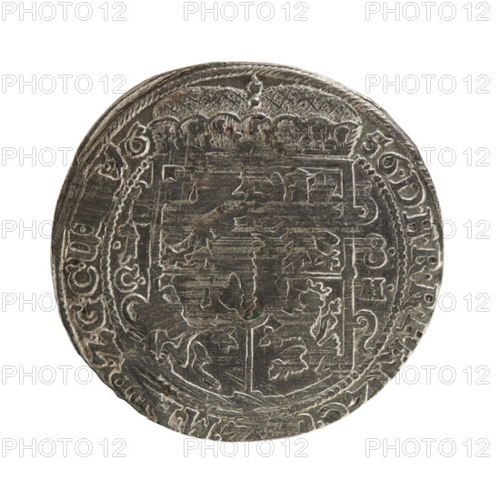 Obv. Bust facing right in mitre and electoral mantle. In the right hand a sceptre, the left resting on a sword hilt. The sceptre and the figure's head divide the inner border and the inscription. In the rim between the borders is the inscription FRID.WILH.VGG, RG.ZB, NDE - NB. Rw. Under the ducal mitre, a five-field coat of arms with ornaments. On both sides of the shield, numerals of the values .1 - 8. Below, the hallmark C. - M. In the rim between the borders, an inscription divided by a mitre DHRR, ., .M., .ZGCU, .16 - 56, 1656. Frederick William I Hohenzollern (Great Elector of Brandenburg; Duke of Prussia; 1620–1688). Ducal Prussia (1525–1701), Königsberg. Coin: diameter 29.9 mm, weight 6.95 g, axis 180 degrees.