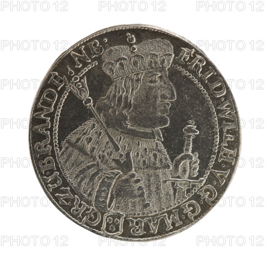 Noach Brettschneider, engraver; Jonasz Kazimierz Eulenburg, publisher. Coin, 1657, Ducal Prussia (1525–1701), Königsberg. Obverse: male bust of Frederick William I Hohenzollern (Great Elector of Brandenburg; Duke of Prussia; 1620–1688) facing right in mitre and electoral mantle; a sceptre in his right hand, left resting on a sword hilt. Sceptre and head divide inner border and inscription; rim inscription divided by the mitre. Under the ducal mitre, a five-field coat of arms with ornaments; left side of shield marked “18”; below on both sides the engraver’s mark “N. - B.” Rim inscription (divided) reads DHRRERTZ.C.UC.ZMIPR.ZGCUBH16. - 57. Coin: diameter 30.6 mm, weight 6.77 g, axis 0°.