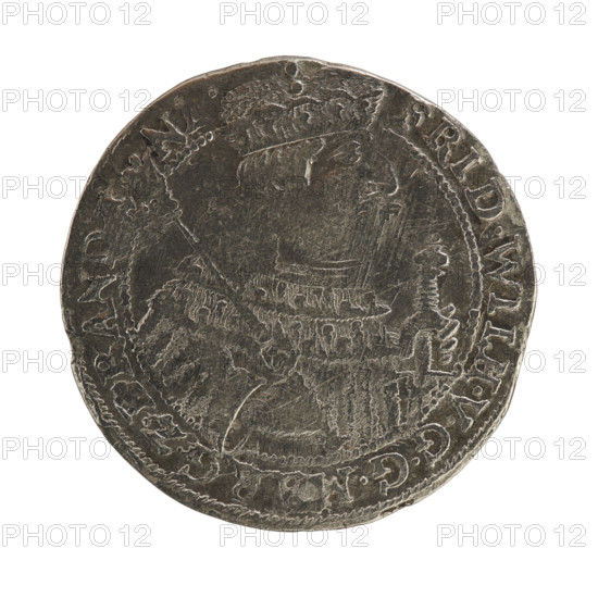 Krzysztof (Christoph) Melchior. Obv. Bust facing right in mitre and electoral mantle. In the right hand a sceptre, the left resting on a sword hilt. The figure's head divides the inner border and the inscription. In the rim between the borders the inscription FRID.WILH.VGGMARG. RANDENB. Rw. Below the ducal mitre a five-field coat of arms. On both sides of the shield numerals of the values 1–8. Below, the hallmark C. On the rim between the borders, an inscription divided by a mitre DHRRERTZC.UCZMIPZGC.H.16-56. 1656. Frederick William I Hohenzollern (Great Elector of Brandenburg; Duke of Prussia; 1620–1688) — Ducal Prussia (1525–1701), Königsberg. Coin: diameter 31.0 mm, weight 6.80 g, axis 0°.