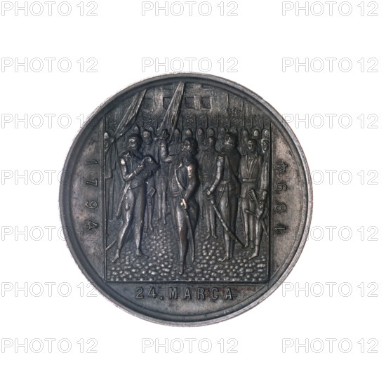 The 100th anniversary of the Kosciuszko Uprising, Wojtych, Felicjan (fl. 1879–1903); medal: Kosciuszko, Tadeusz (1746–1817) depicted on horseback turned to the right, behind him scythemen on foot; at the bottom the episode: RACLAWICE — oath scene surrounded by the army; three-sided vertical inscription: 1794 - 1894 - 24 MARCH; 1894; Art Nouveau style; Poland, Kraków; anniversary medal.
