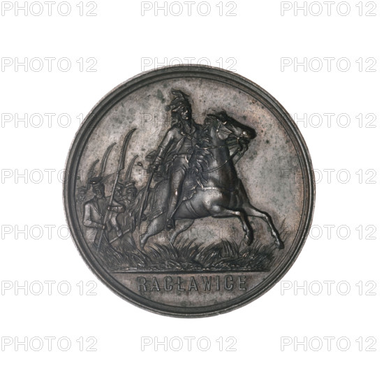 The 100th anniversary of the Kosciuszko Uprising; maker: Wojtych, Felicjan (fl. 1879-1903); subject: Kosciuszko, Tadeusz (1746-1817) — Kosciuszko on horseback turned to the right, behind him scythemen on foot; episode at the bottom: RACLAWICE — oath scene surrounded by the army; inscriptions on three sides: 1794 - 1894 - 24 MARCH; date: 1894; style: Art Nouveau; medium/function: anniversary medal; place: Kraków, Poland.