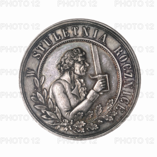 The Centenary of the Oath of Tadeusz Kosciuszko and the Kosciuszko Uprising; maker: Waclaw Glowacki (1828–1908); subject: Tadeusz Kosciuszko (1746–1817); anniversary medal commemorating the Kosciuszko Uprising (1794); Art Nouveau style; obverse: torso of Kosciuszko in right profile, in uniform with a sabre raised vertically for the oath, two oak and laurel branches at the bottom, rainbow in the rim with inscription 'ON THE CENTENNIAL ANNIVERSARY'; reverse: a shield with a Polish eagle topped with a royal crown held by a man with a scythe (right) and a man with a sabre (left), dated 1794 / 1894; Kraków, Poland; medal.