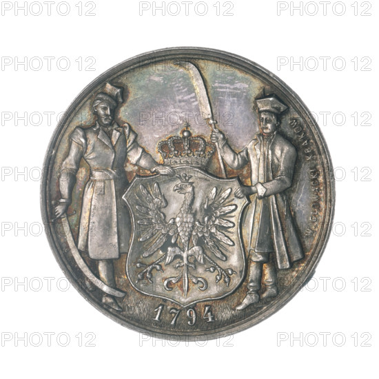 The Centenary of the Oath of Tadeusz Kosciuszko and the Kosciuszko Uprising; maker: Waclaw Glowacki (1828–1908); subject: Tadeusz Kosciuszko (1746–1817); object: anniversary medal (1894) commemorating the Kosciuszko Uprising (1794); style: Art Nouveau; depiction: torso of Kosciuszko in right profile, in uniform with a sabre raised vertically for the oath; lower motif: two oak and laurel branches; rim inscription: 'ON THE CENTENNIAL ANNIVERSARY'; central shield with a Polish eagle topped with a royal crown held by a man with a scythe (right) and a man with a sabre (left); dates/inscription: '1794, 1894, Kraków, Poland.'