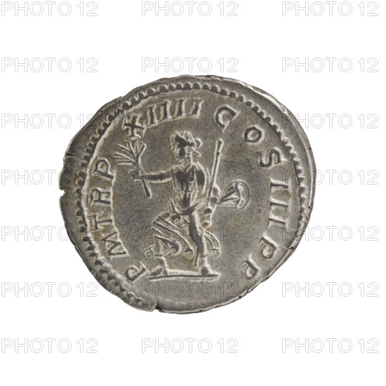 Denarius of Caracalla (188–217; Roman emperor 198–217). Obverse: Head of Caracalla with laurel wreath facing right; inscription ANTONINVS PIVS AVG BRIT, pearl border. Reverse: Pax running to the right holding a branch in her right hand and a scepter in her left; inscription PM TR P XIII COS II PP, pearl border. Date: 211. Roman Empire (27 BC–476). Coin; diameter 18.3–19.7 mm; weight 3.19 g.