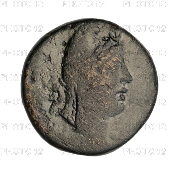 bronze coin, Gorgippia; obverse: head of a youth (Men? Attys?) in a Phrygian cap and a laurel wreath with a crescent and a star to the right; reverse: inscription in two rows, Dionysus standing to the left holding a bunch of grapes in his right hand and a thyrsus with a ribbon in his left, a panther at his feet with its head turned left, a monogram (erased) in the right field; motifs: Dionysus, panthers, head of Attys/Men, monograms, crescent with star; Cimmerian Bosporus, Gorgippia; dated 1st quarter of the 1st century BC (95–65 BC per Frolov); bronze coin, weight 17.60 g, diameter ~27.7–27.8 mm.