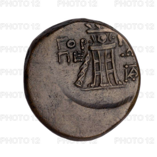 bronze coin, Gorgippia; obverse: head of Apollo in a laurel wreath facing right, hair combed up, two curled locks on the neck; reverse: tripod, behind it a thyrsus with a ribbon positioned diagonally to the right, monogram in the right field; iconography: head of Apollo, tripod, thyrsus; mythology: Apollo; monograms; 1st quarter of the 1st century BC (95–65 BC according to Frolov); Cimmerian Bosporus, Gorgippia; coin; weight 9.95 g; dimensions: 22.7 mm × 22.2 mm; maker: Terlecki, Ignatius (1860–1916)