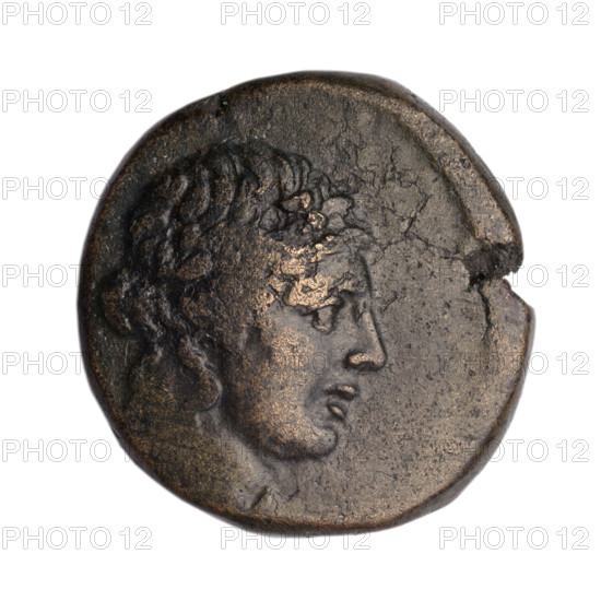 Bronze coin, Gorgippia; obverse: head of Apollo in a laurel wreath facing right, hair combed up with two curled locks on the neck; reverse: tripod with a thyrsus behind it diagonally to the right, right field with a monogram; iconographic subjects: Apollo, thyrsus, tripod; Cimmerian Bosporus, Gorgippia; 1st quarter of the 1st century BC (95–65 BC); weight 8.05 g; diameter ~21.1–21.4 mm; maker: Terlecki, Ignacy (1860–1916) mentioned; coin.