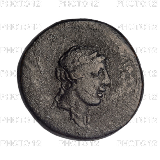 bronze coin, Gorgippia; obverse: head of Apollo in a laurel wreath facing right, hair combed up, two curled locks on the neck; reverse: tripod with a thyrsus behind it diagonally to the right, monograms in left and right fields; 1st quarter of the 1st century BC (95–65 BC); Cimmerian Bosporus, Gorgippia; weight 7.40 g; diameter approx. 22.1–23.3 mm; iconography: tripod, head of Apollo, thyrsus; maker: Ignatius Terlecki (1860–1916) mentioned.