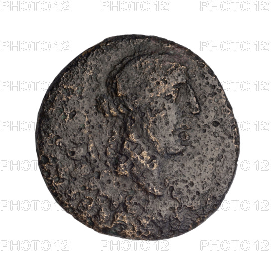 bronze coin, Gorgippia; head of Apollo (iconographic), tripod (iconographic), thyrsus (iconographic); Black Sea; Apollo (mythology); monograms. Obverse: head of Apollo in a laurel wreath facing right, hair combed up, two curled locks on the neck. Reverse: tripod, behind it a thyrsus with a ribbon positioned diagonally to the right, with a monogram in the left and right fields. Dated 1st quarter of the 1st century BC (95–65 BC according to Frolov). Bosphorus Cimmerian, Gorgippia/Pantikapaion. Coin; bronze; weight 7.15 g; diameter ~22.1 mm / 22.0 mm.