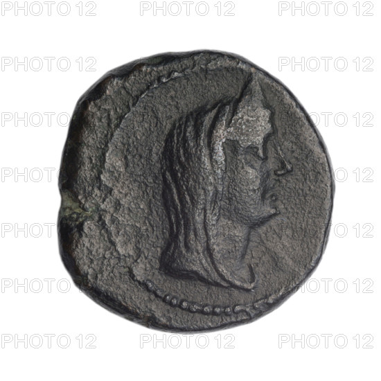 Bronze coin, Phanagoria (as Agrippias); prora (iconographic). Obverse: head of a woman in a diadem and veil (Aphrodite/Aphrodite Urania?) to the right, pearl rim; Reverse: prora to the left, inscription above in two rows, letter H on the right, pearl rim. Subject: head of Aphrodite/Aphrodite Urania, ships/vessels. Black Sea (Cimmerian Bosporus) origins; end of 1st century BC. Maker: Terlecki, Ignacy (1860–1916). Coin; weight 9.22 g; axis 30°; dimensions 22.2 mm × 21.4 mm.