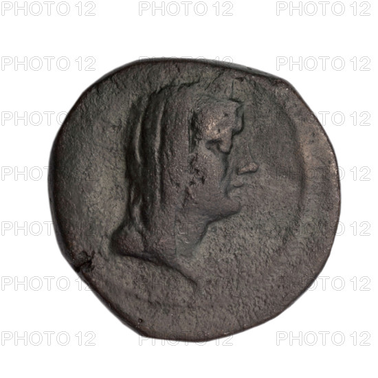 Bronze coin, end 1st century BC, Cimmerian Bosporus, Phanagoria (as Agrippias). Obverse: head of a woman (Aphrodite Urania?) facing right, wearing a diadem and veil, with pearl-like rim. Reverse: prora (ship prow) facing left; inscription above in two rows, dot below, letter H on right, pearl-like rim. Attributes/subjects: head of Aphrodite (bust), head of a woman in a diadem and veil, ships/vessels. Maker: Terlecki, Ignacy (1860–1916). Coin; weight 8.80 g; axis 30°; dimensions 21.5 × 22.3 mm.