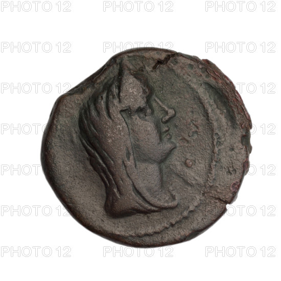 bronze coin, Phanagoria (as Agrippias), prora (iconographic); obverse: head of a woman in a diadem and veil (Aphrodite Urania ?) right, a dot to the right, pearl border; reverse: inscription in two rows, below it the prow of a ship facing left, in right field letter H, under the ship a dot, in left field two vertical dots, pearl border; motifs: head of Aphrodite (bust), ships, balls; Black Sea, Cimmerian Bosporus, end of 1st century BC; coin, weight 8.60 g, diameter 21–22.3 mm