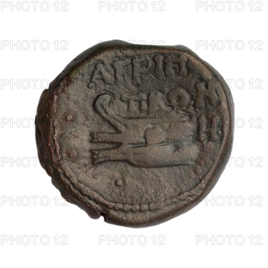 Bronze coin, Phanagoria (as Agrippias); obverse: prora (ship prow) and head of a woman in a diadem and veil—Aphrodite (bust), possibly Aphrodite Urania; reverse: inscription in two rows, ship front to left, letter H in right field, dots in fields; pearl border; iconography includes head of a woman, head of Aphrodite/Urania, ships; Black Sea, Cimmerian Bosporus, Phanagoria; end of 1st century BC; coin; weight 8.60 g; dimensions 21 mm and 22.3 mm.