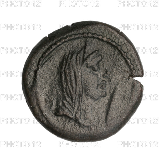 Bronze coin, prora (iconographic); obverse: head of a woman in a diadem and veil, possibly Aphrodite Urania, facing right; pearl-like rim. Reverse: prora facing left, inscription above in two rows, three dots below, letter H on the right; pearl-like rim. Subject: Aphrodite (bust/head). Motifs: ships/vessels, balls. Date: end 1st century BC. Origin: Cimmerian Bosporus, Phanagoria (as Agrippias). Coin; weight 7.84 g; dimensions 22 mm and 22.2 mm. Maker/inscription details as above.